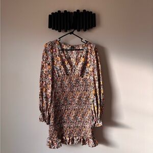 SHEIN Mustard Multi Floral Smocked V-Neck Long Sleeve Mini Dress